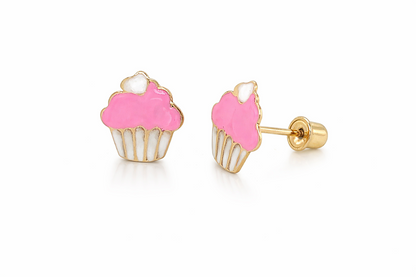 14k Yellow Gold Enamel Cup-Cake Screw Back Earrings