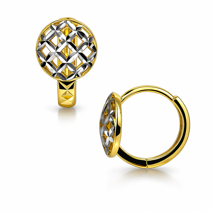 14k Two Tone Diamond Cut Gold Round Shape Huggie Earrings
