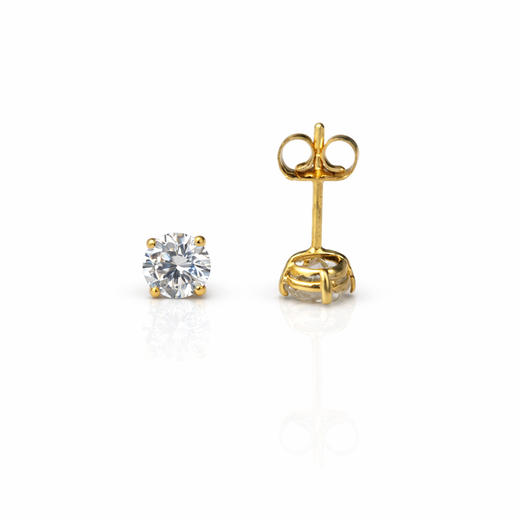 14k Heavy Basket Yellow Gold Round AAA Quality CZ Stud with push back