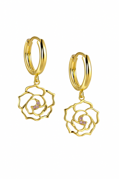 14k Yellow / White Gold Dangle CZ Flower Huggie Earrings