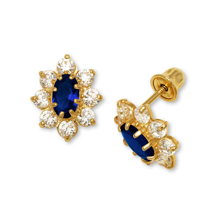 14K Yellow & White Gold CZ Flower Stud Screw Back Earrings for Women