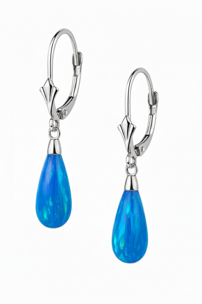 14k Yellow and White Gold  Light Blue Opal Leverback Earrings