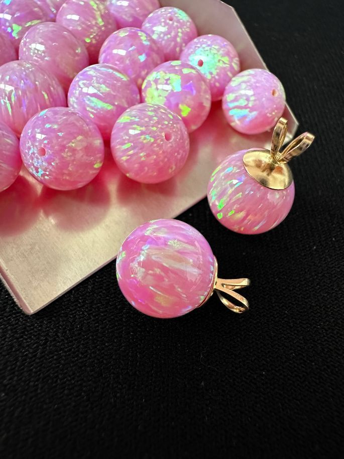 Half Drilled Light Pink Synthetic Lab Created Opal Round Beads