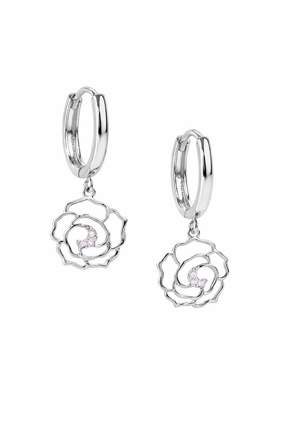 14k Yellow / White Gold Dangle CZ Flower Huggie Earrings