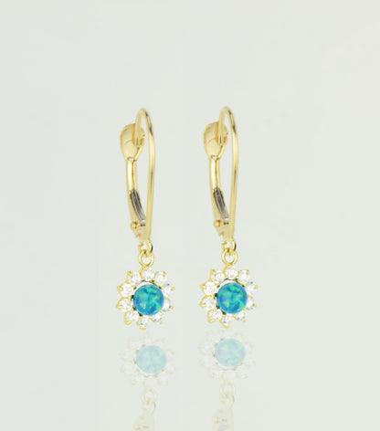 14k-Yellow-Gold-Opal Flower-CZ-Dangle-Earrings