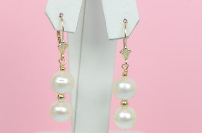 14K Yellow Gold Natural White genuine Pearl Necklace, Bracelet, Earrings Set