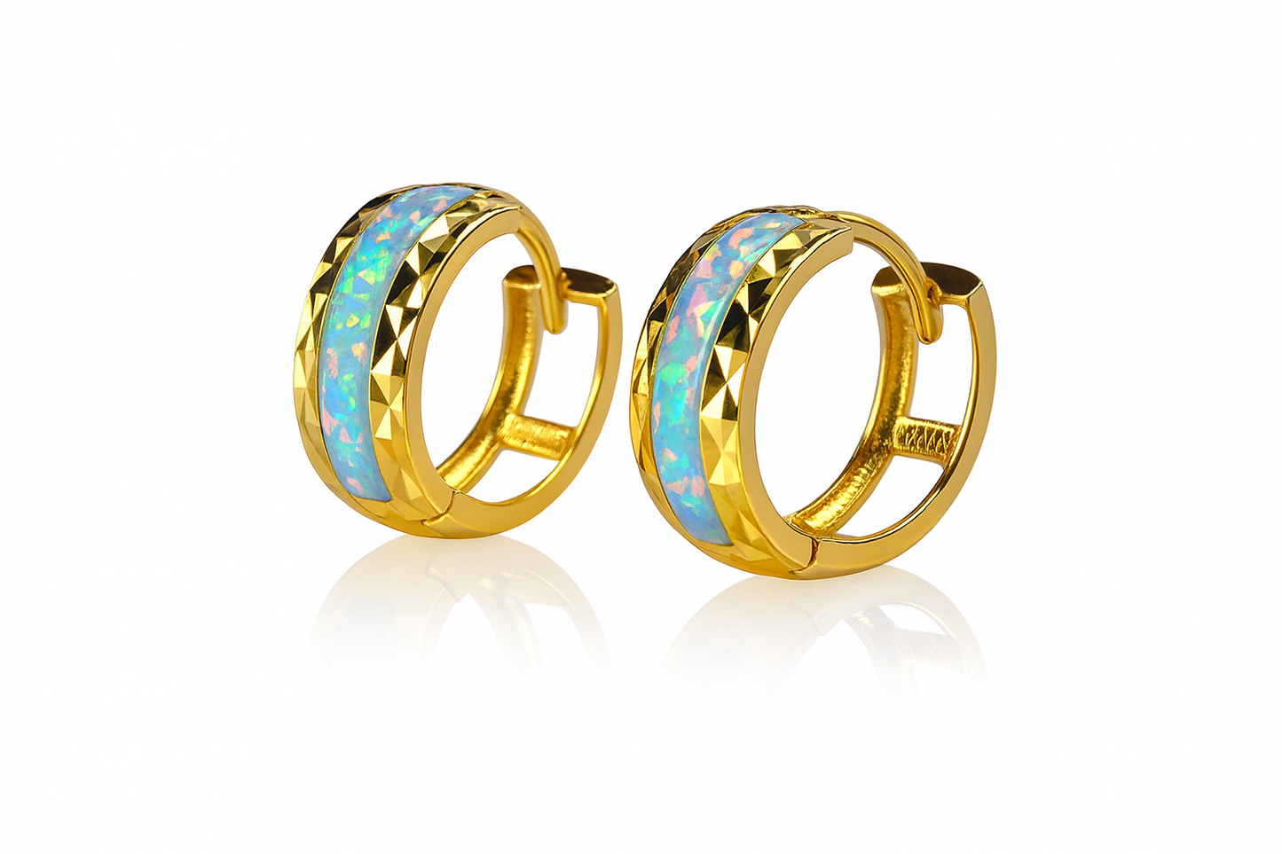 14k Yellow Gold Light Blue Opal Huggie Hoop Earrings