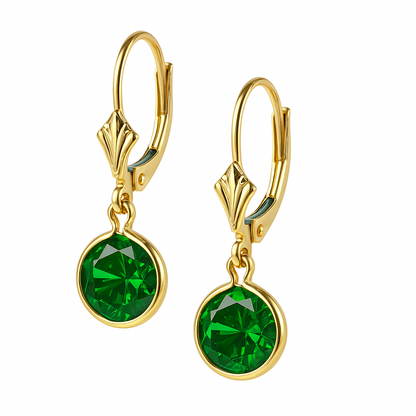 14K Yellow Gold Birthstone Round CZ Dangle Leverback Earrings