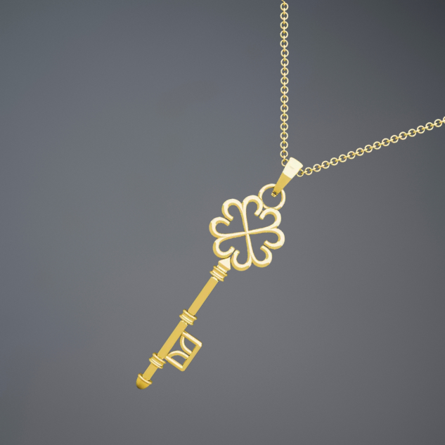 Design Key Pendant Solid 14K Yellow & White Gold For Women