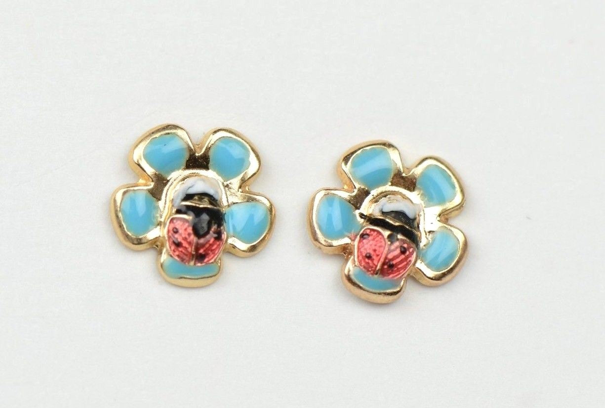 14k Yellow Gold Baby Enamel Flower earrings, Screw Back