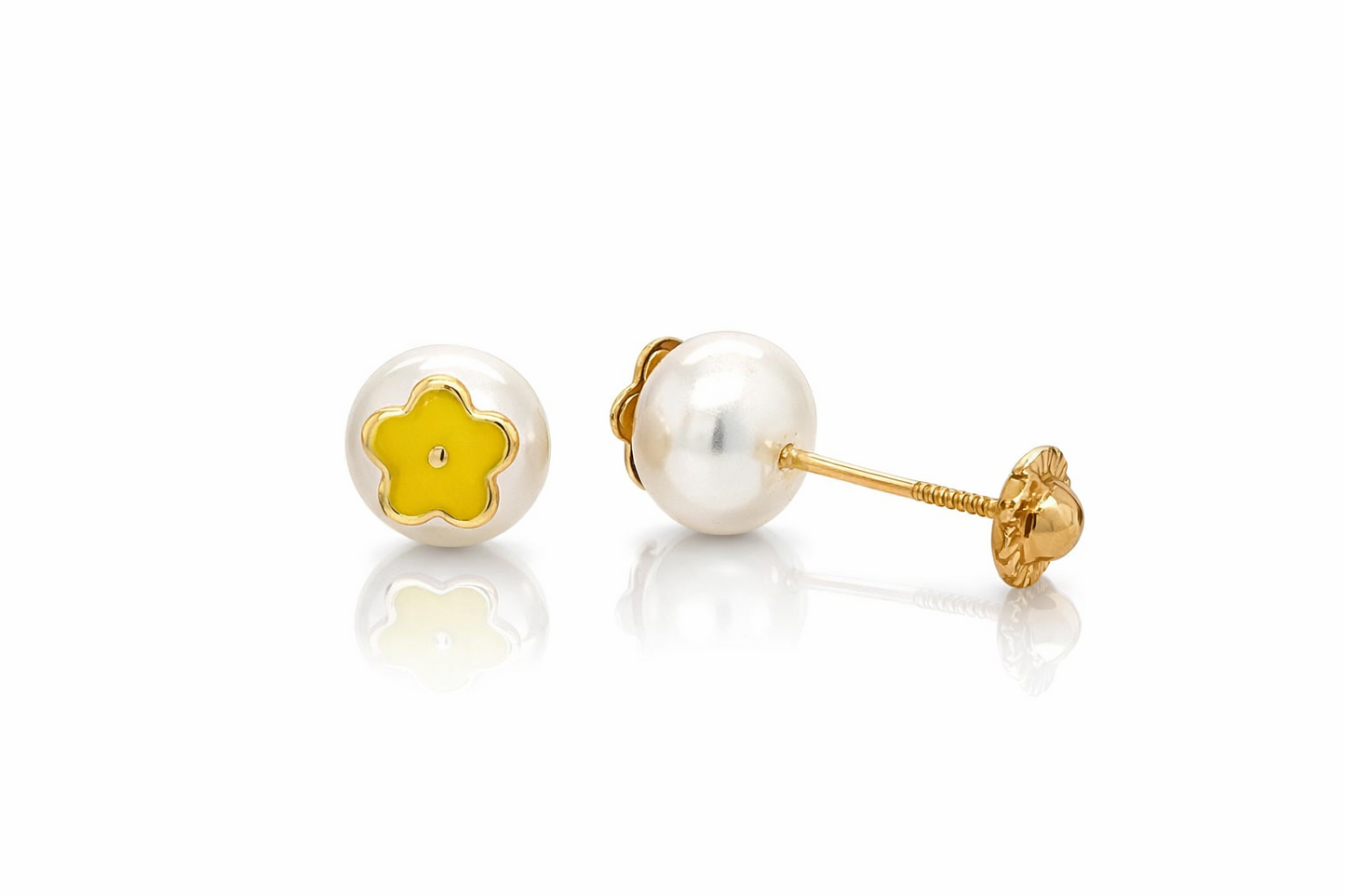 14k Yellow Gold Enamel Flower With Genuine Pearl Screw Back Stud Earrings