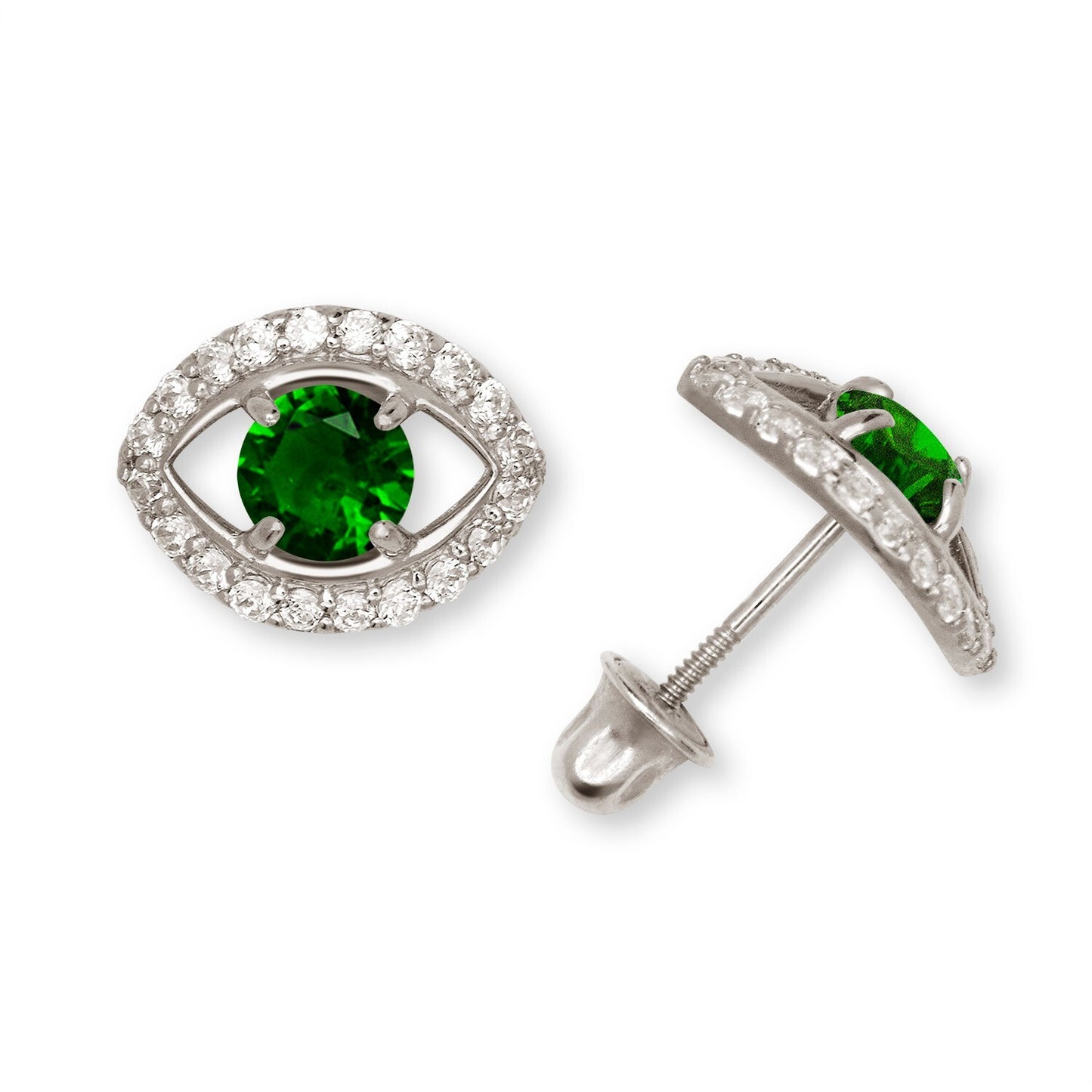 14K Yellow & White Gold CZ Evil Eye Stud Fashion Earrings for Women