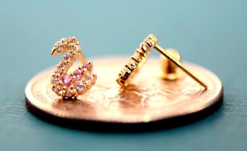 14k Solid White or Yellow Gold Swan Earrings with CZ
