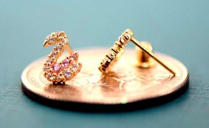 14k Solid White or Yellow Gold Swan Earrings with CZ