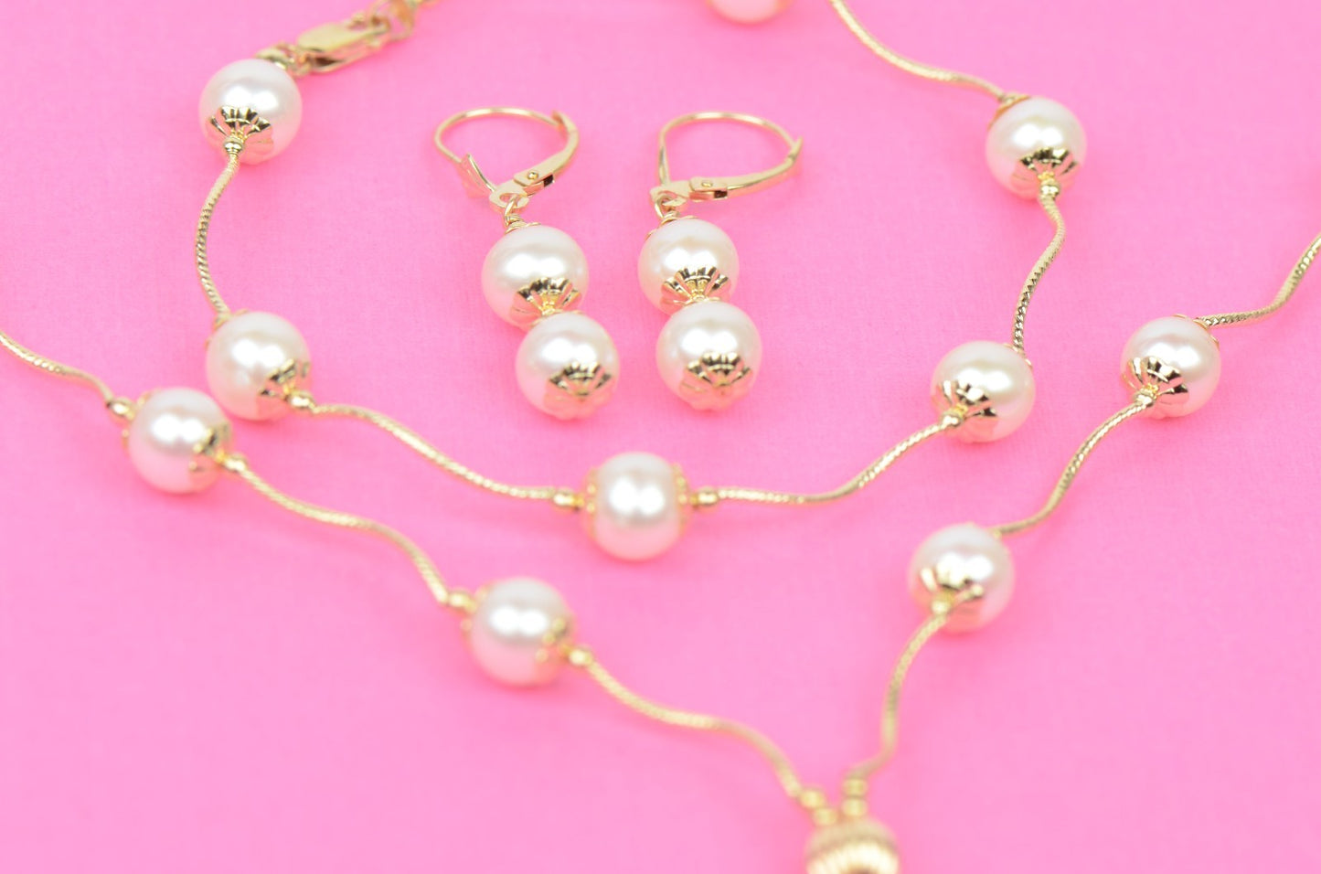 14k Yellow Gold Genuine White Pearls 3pcs Women Set:Necklace, Bracelet, Earrings