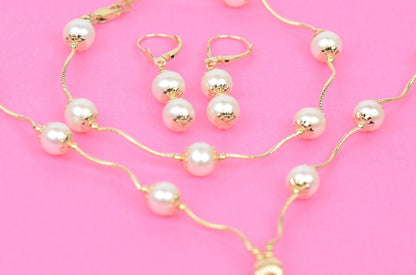 14k Yellow Gold Genuine White Pearls 3pcs Women Set:Necklace, Bracelet, Earrings