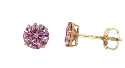 14K Gold GRA Certified D-VVS1 Round Pink Moissanite Screw Back Studs Earrings