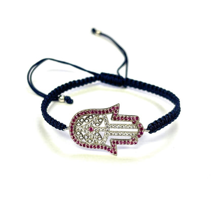 925 Sterling Silver  C Z Hamsa Bracelet 6" Adjustable to 11"