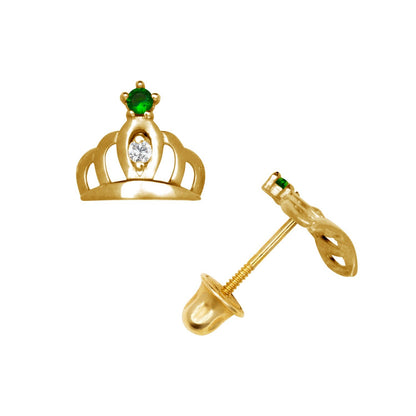 14K Yellow & White Gold Beautiful CZ Crown Stud Earrings for Women