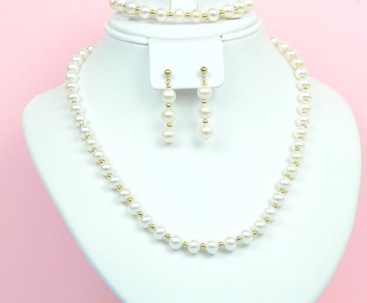 14K Yellow Gold Natural White genuine Pearl Necklace, Bracelet, Earrings Set