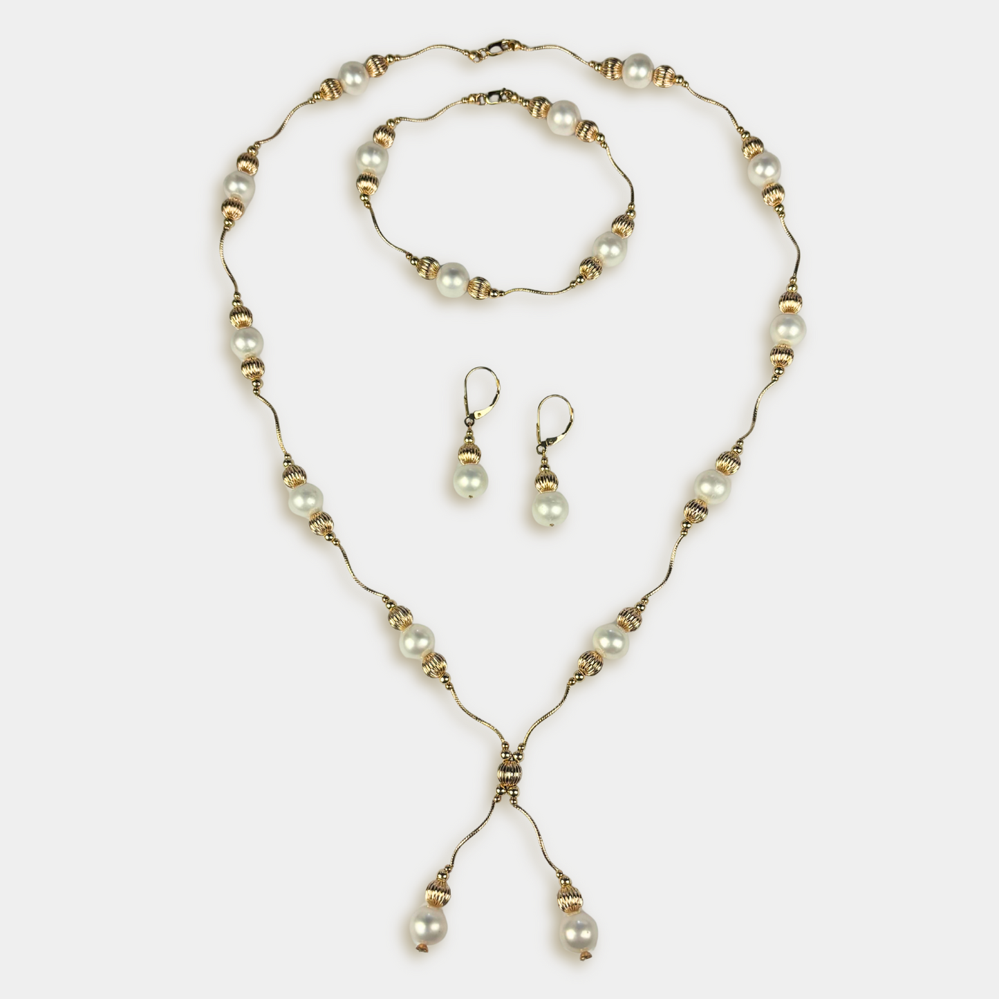 14K Yellow Gold Elegant Pearl & Gold Ball  Necklace Set for Women
