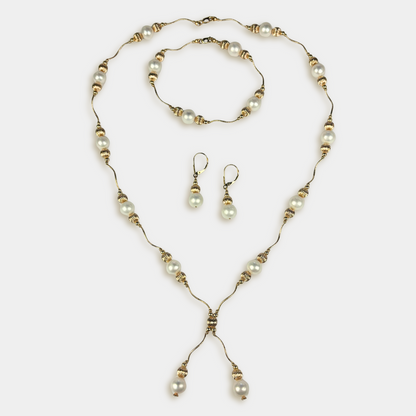 14K Yellow Gold Elegant Pearl & Gold Ball  Necklace Set for Women