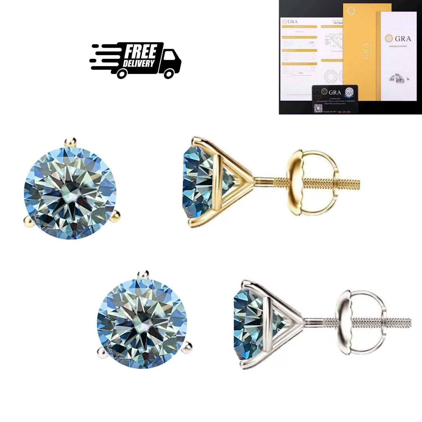 14K Gold GRA CertifiedD-VVS1 Ocean Blue Moissanite ScrewBack Stud Earrings