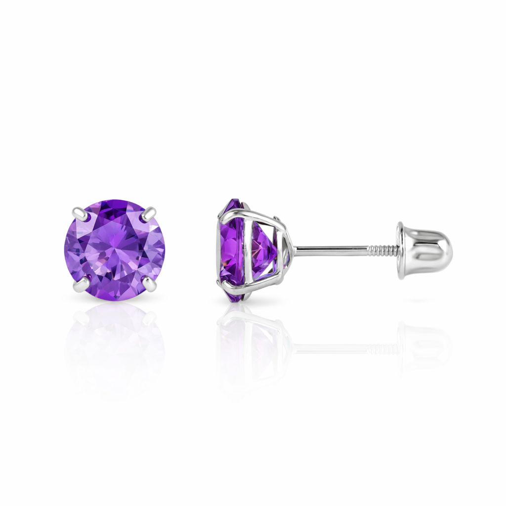 14K Solid White Gold 4mm Round Birthstone Stud Earrings with screw back