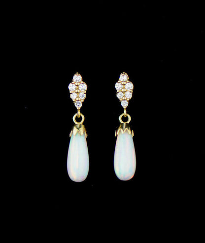 14k-Yellow Gold  Dangle Opal Cz Stud Earrings / Screw Back