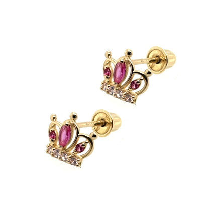 14K Solid Yellow Gold Crown Screw Back CZ Stud Earrings