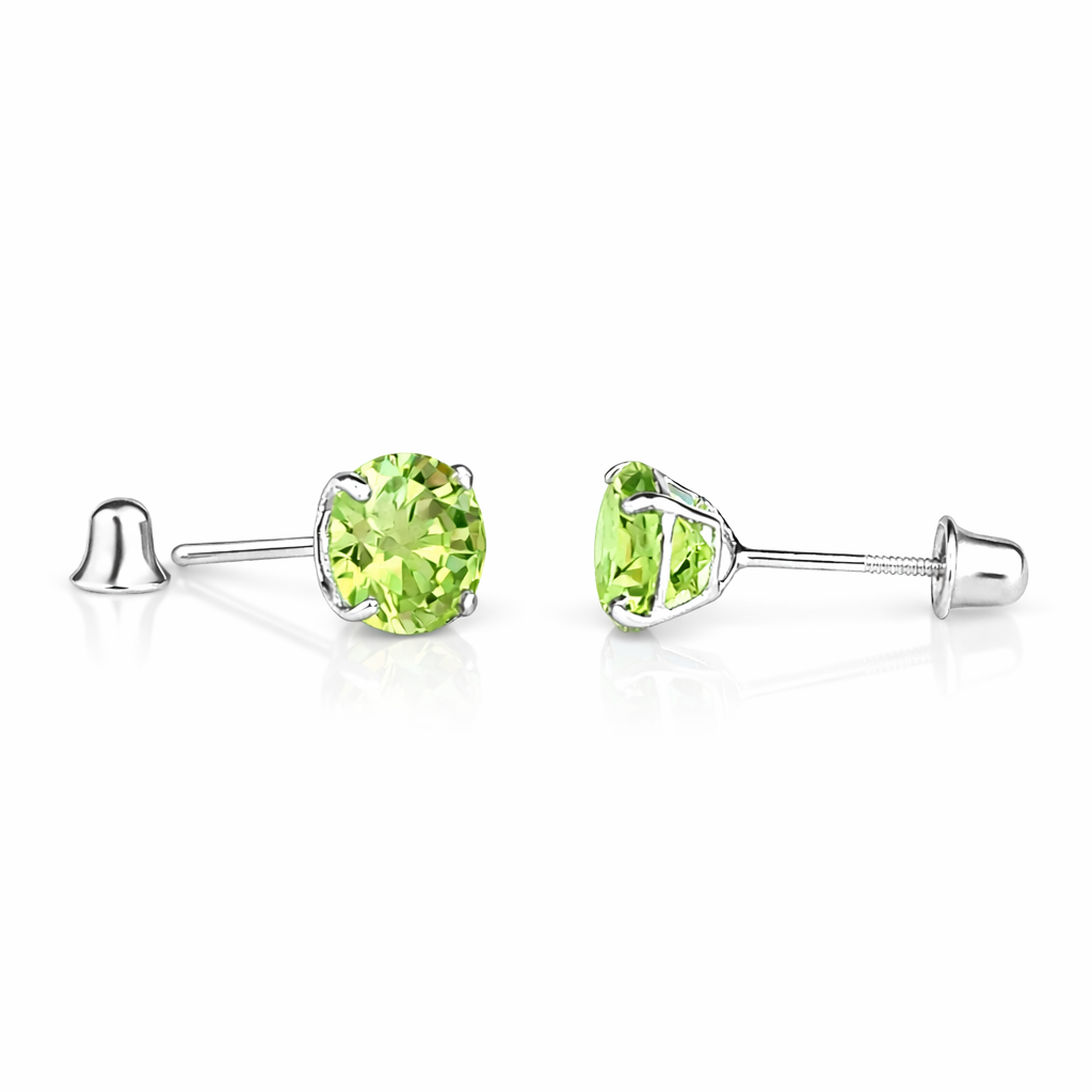 14K Solid White Gold 6mm Round Birthstone Stud Earrings with screw back