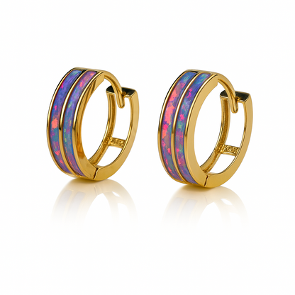 14k Yellow/White Gold Double Row Purple Opal Huggie Hoop Earrings