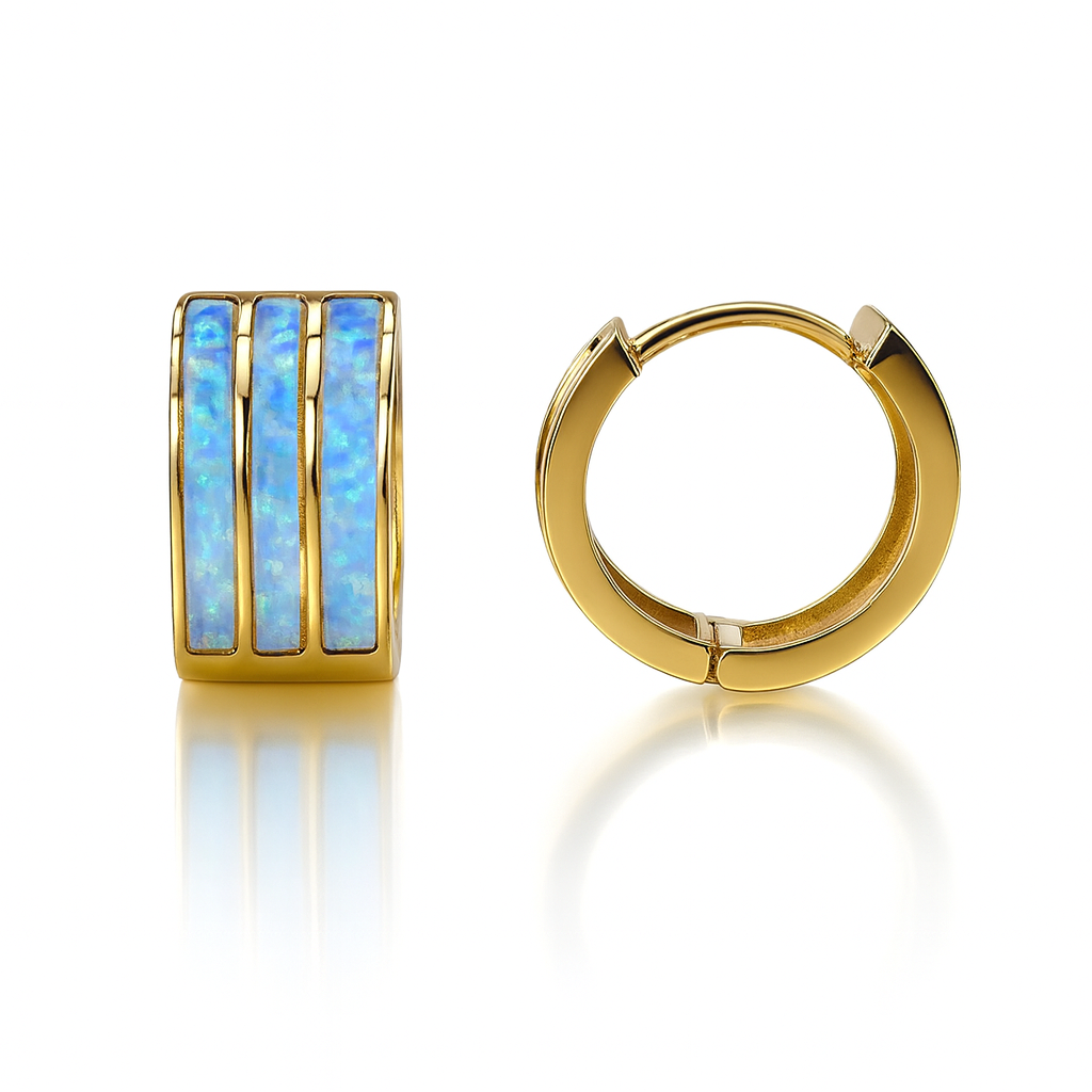 14k Yellow Gold Triple Row Light Blue Opal Huggie Hoop Earrings