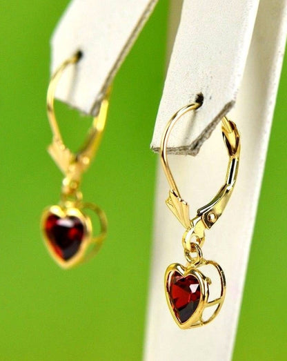 14k Yellow Gold Bezel Heart Birthstone Dangle Leverback Pierced Earrings  6x6 MM