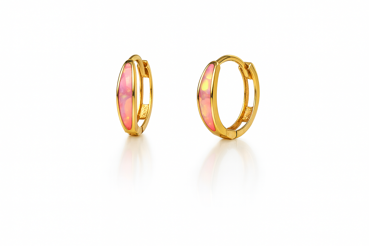 14k Yellow Gold Hot Pink Opal Huggie Hoop Earrings