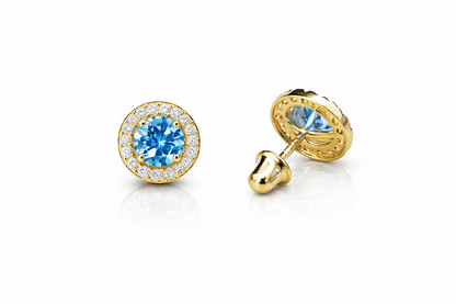 14K Solid White Gold Halo Stud CZ Screw Back Earrings