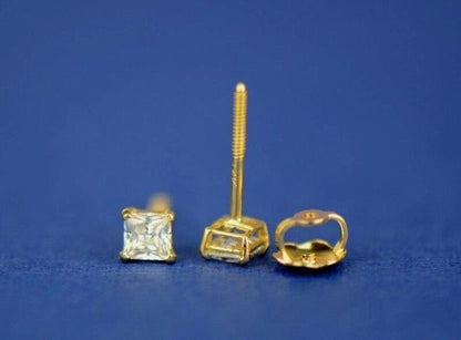 14k Heavy Basket Yellow Gold Square AAA Quality CZ Stud Earrings with Screw Back