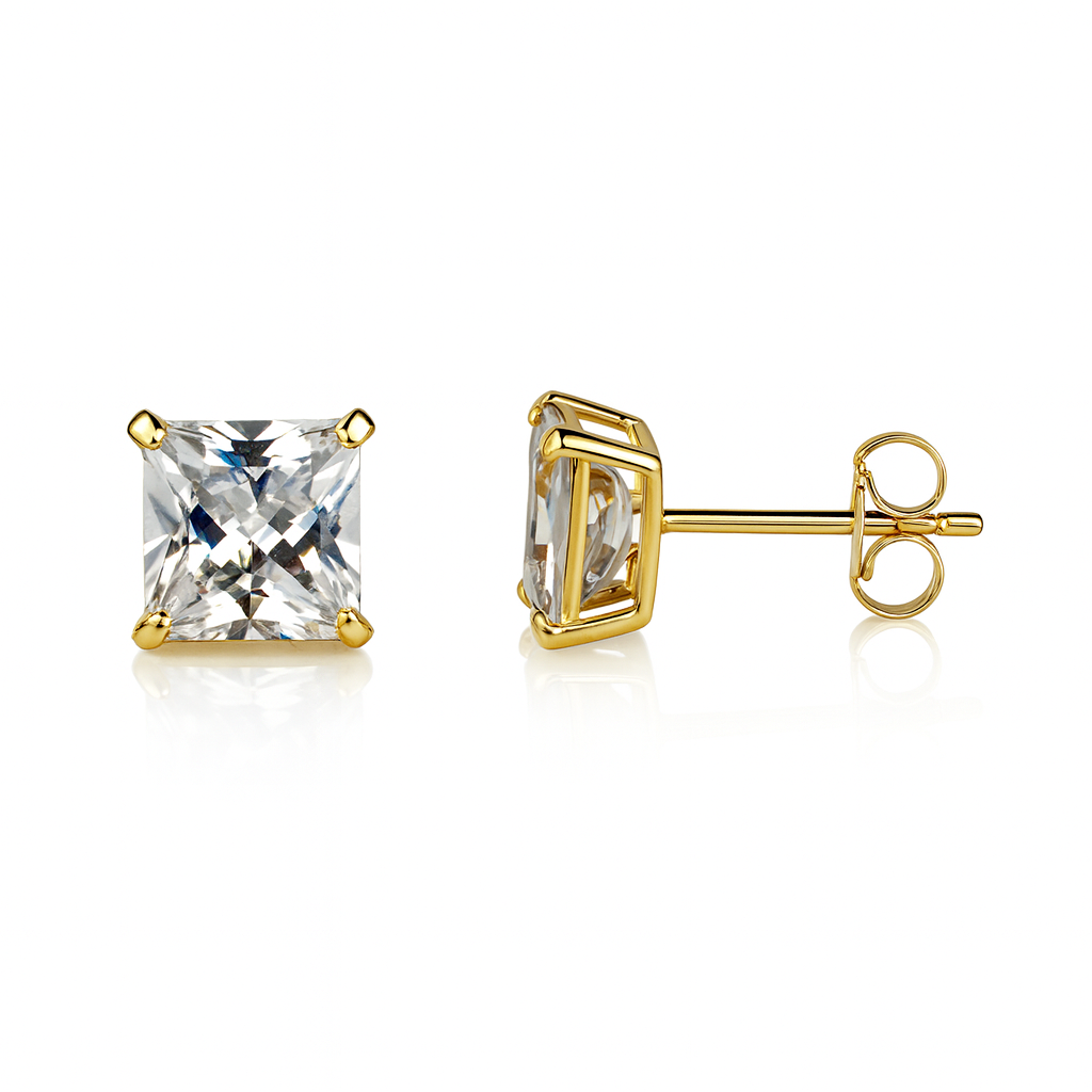 14k  White Gold Heavy Basket Square AAA Quality CZ Stud Earrings with Push Back