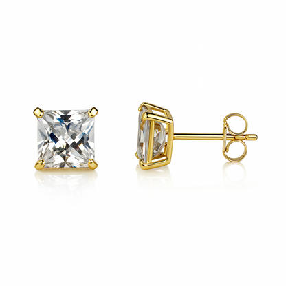 14k  White Gold Heavy Basket Square AAA Quality CZ Stud Earrings with Push Back