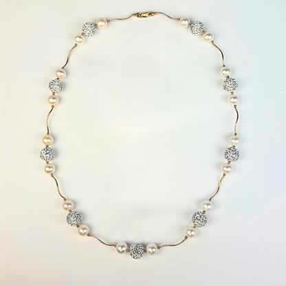 14K Yellow Gold Freshwater Pearl Necklace with Czech Crystal for Women