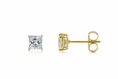 14k Heavy Basket Yellow Gold Square AAA Quality CZ Stud Earrings with Push Back