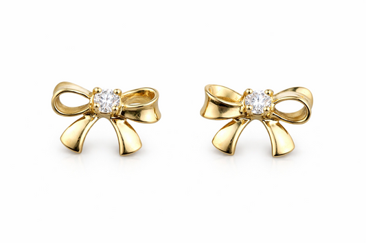 14k Solid White or Yellow Gold Bow Tie Stud Earrings with CZ