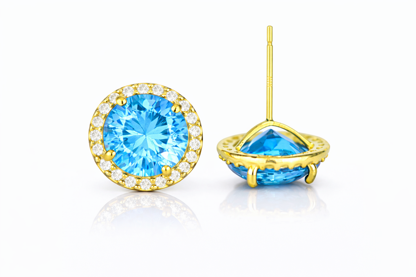 14K Yellow Gold 10mm Round Halo CZ Stud Push Back Earrings