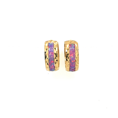 14k Yellow Gold Purple Opal Huggie Hoop Earrings
