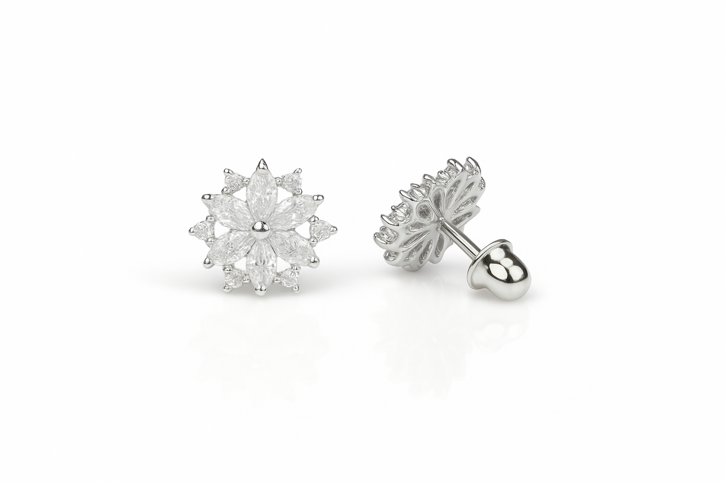 14K  White Gold Beautiful CZ Flower Stud Earrings for Women