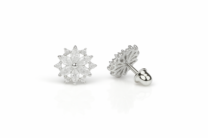 14K  White Gold Beautiful CZ Flower Stud Earrings for Women