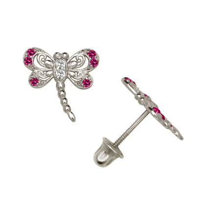 14K Yellow & White Gold Dragonfly Shaped Stud Screw Back Earrings for Women