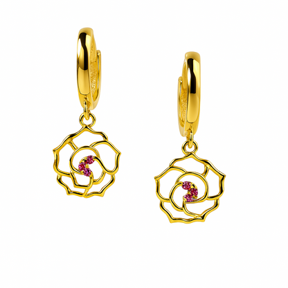 14k Yellow / White Gold Dangle CZ Flower Huggie Earrings