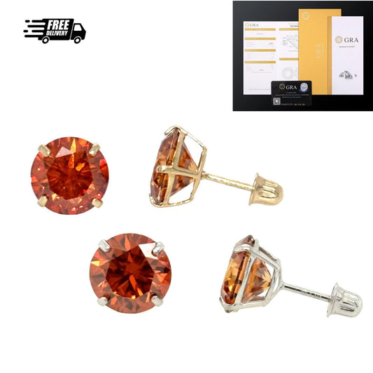 14K Gold GRA Certified D-VVS1 Round Orange Moissanite Screw Back Studs Earrings