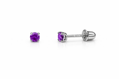 14K Solid White Gold 2.5mm Round Birthstone Stud Earrings with Screw Back